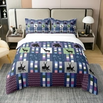 100% Cotton Rustic Deer Bear Patchwork Duvet Cover,Woodland Animals Bedding Set King,Purple Buffalo Checkered Plaid Comforter Cover,Cabin Country Farmhouse Bed Sets with 2 Pillow Shams Bedroom Decor