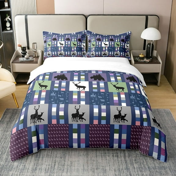 100% Cotton Rustic Deer Bear Patchwork Duvet Cover,Woodland Animals Bedding Set King,Purple Buffalo Checkered Plaid Comforter Cover,Cabin Country Farmhouse Bed Sets with 2 Pillow Shams Bedroom Decor