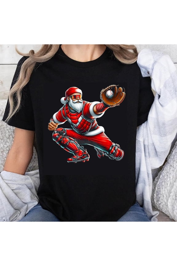 100% Cotton Santa Baseball Player Catching Ball T-Shirt