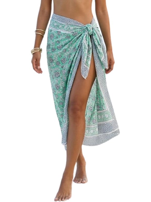 100% Cotton Sarong Cover Up for Women Green Indian Block Print Beach Wrap Skirt Long Boho Swimsuit Bikini Pareo (72x42)
