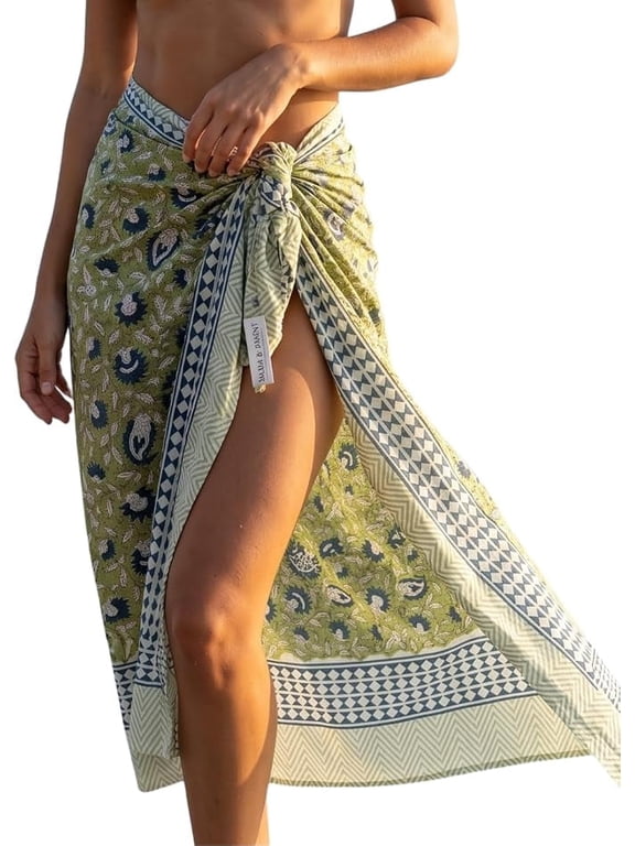 100% Cotton Sarong Cover Up for Women Olive Indian Block Print Beach Wrap Skirt Long Boho Swimsuit Bikini Pareo (72x42)
