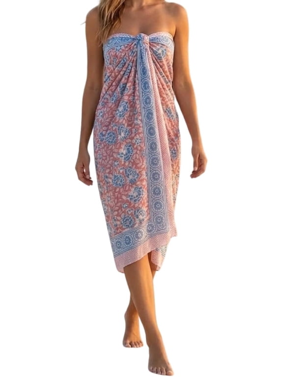 100% Cotton Sarong Cover Up for Women Pink Indian Block Print Beach Wrap Skirt Long Boho Swimsuit Bikini Pareo (72x42)