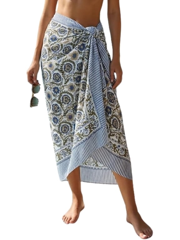 100% Cotton Sarong Cover Up for Women Sky Blue Indian Block Print Beach Wrap Skirt Long Boho Swimsuit Bikini Pareo (72x42)