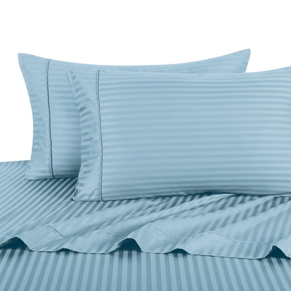 Attached Waterbed Sheets 100% Cotton 300 Thread Count Damask Striped- King - Blue