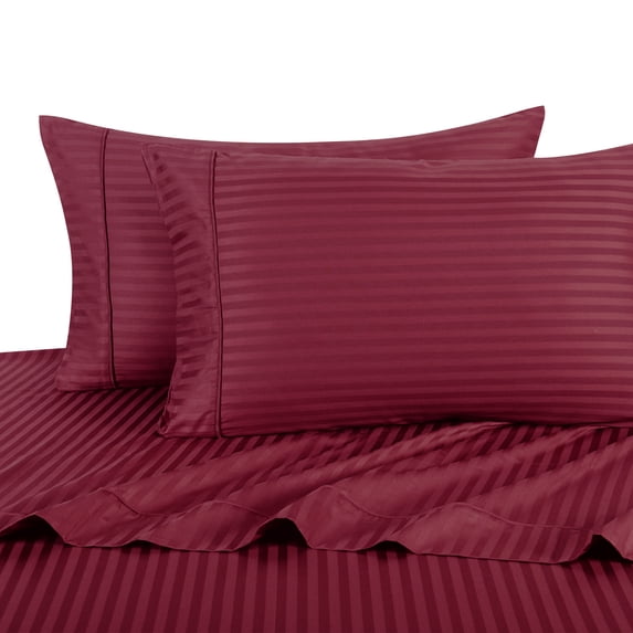 100% Cotton Sateen Bed Sheet Set 300 Thread Count Damask Striped - Olympic Queen-Burgundy