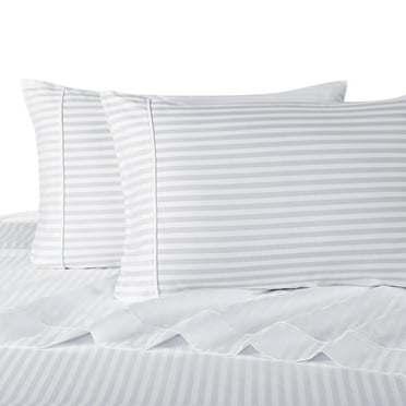 100% Cotton Sateen Bed Sheet Set 300 Thread Count Damask Striped - Queen-White