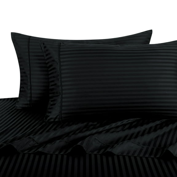 100% Cotton Sateen Bed Sheet Set 300 Thread Count Damask Striped - Twin XL-Black