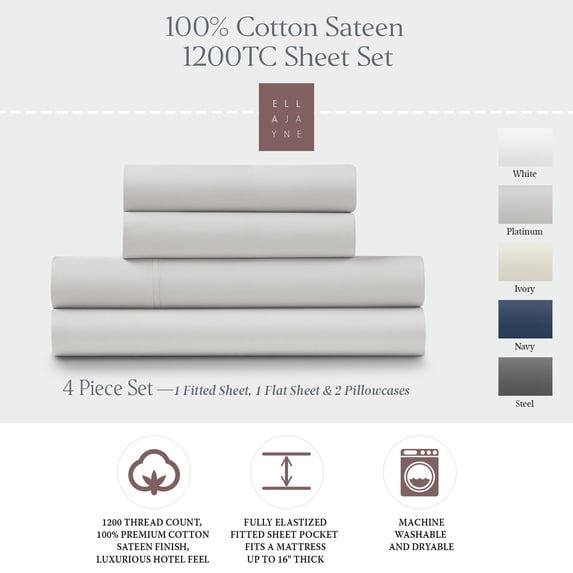 100% Cotton Sateen Luxurious 1200 Thread Count 4-Piece Sheet Set