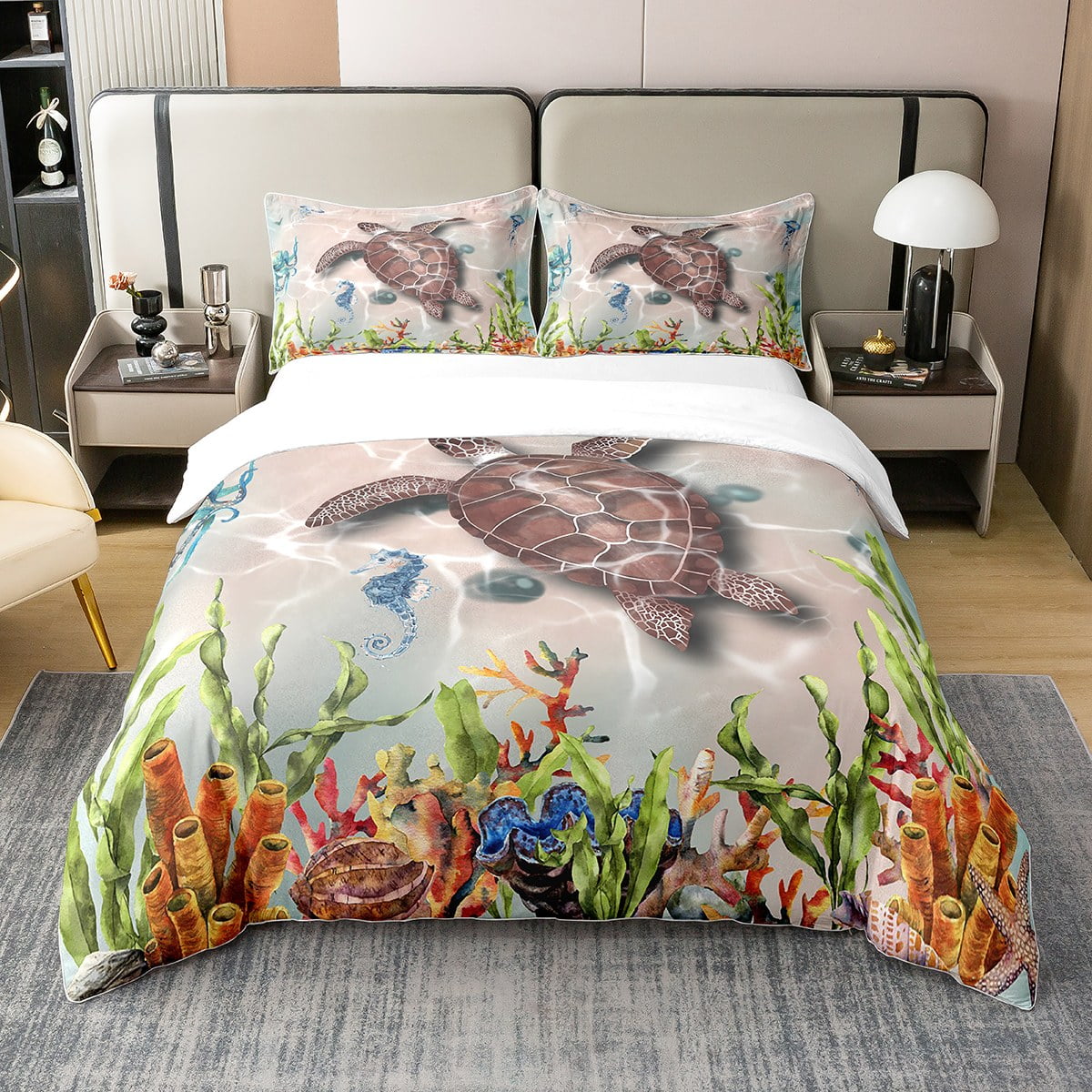 100 Cotton Sea Turtle Duvet Cover Twin,Ocean Themed Bedding Set,Marine