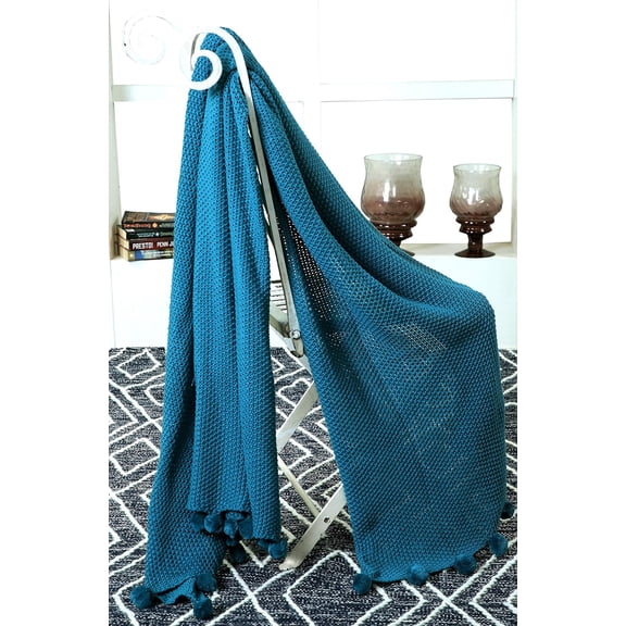 100% Cotton Seed Stitch Knit with Decorative Pom Poms Oversize Breathable Throw (50" x 70") (Teal)