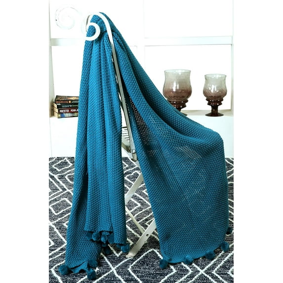 100% Cotton Seed Stitch Knit with Decorative Pom Poms Oversize Breathable Throw (50" x 70") (Teal)