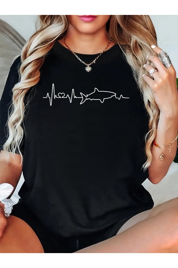 100% Cotton Shark Heartbeat Shark Lover gifts I Love sharks T-Shirt Women's Graphic Tee Casual Tops
