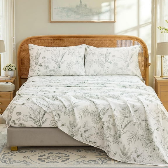 100% Cotton Sheet Set – 4-Piece Chic Garden Floral Bedding Set, Soft Breathable Percale Weave, Deep Pocket Fitted Sheet 17.5", Crisp Cool Feel, Refined Botanical Elegance
