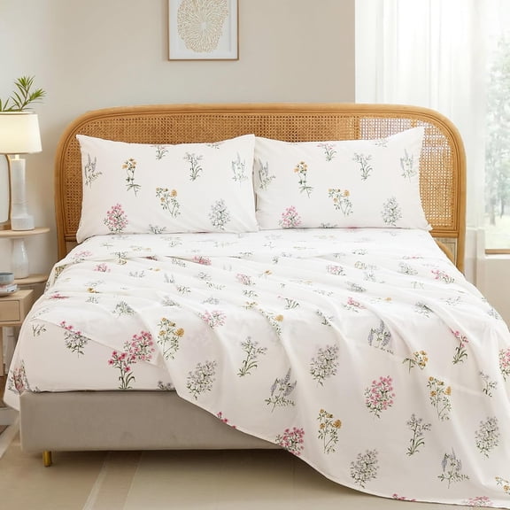 100% Cotton Sheet Set – 4-Piece Chic Garden Floral White Bedding Set, Soft Breathable Percale Weave, Deep Pocket Fitted Sheet 17.5", Crisp Cool Feel, Refined Botanical Elegance