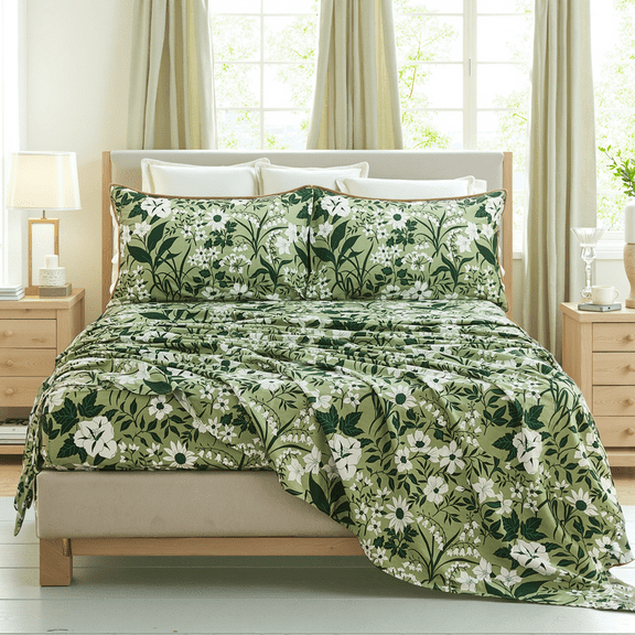 100% Cotton Sheet Set – 4-Piece Luxury Forest Green Floral Bedding, Soft Breathable Percale Weave, Deep Pocket Fitted Sheet 17.5", Crisp Cool Feel, Refined Botanical Elegance