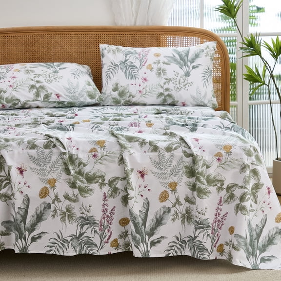 100% Cotton Sheet Set – 4-Piece Vintage Sage Green Floral Bedding Set, Soft Breathable Percale Weave, Deep Pocket Fitted Sheet 17.5", Crisp Cool Feel, Refined Botanical Elegance