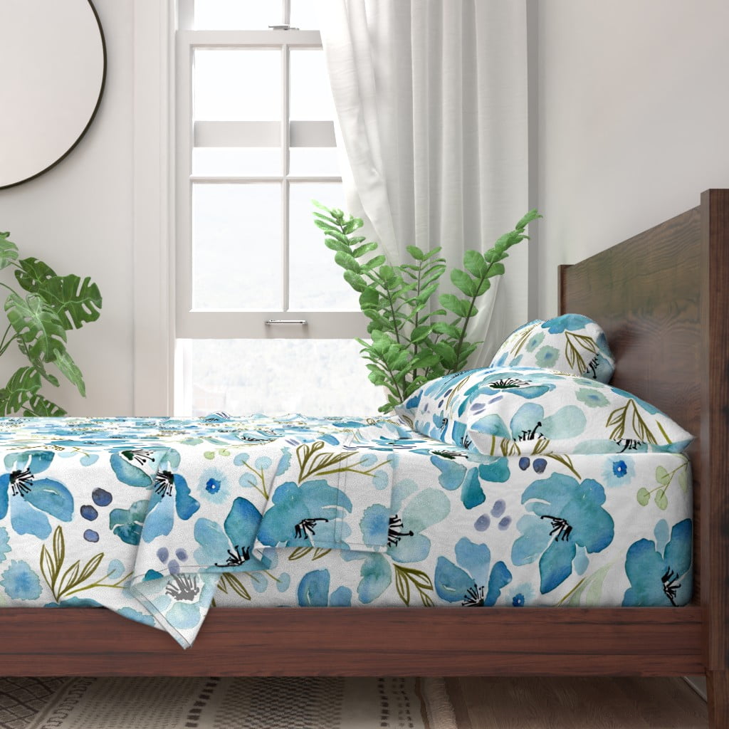 100 Cotton Sheets, California King 4pc Set Blue Vibrant Floral