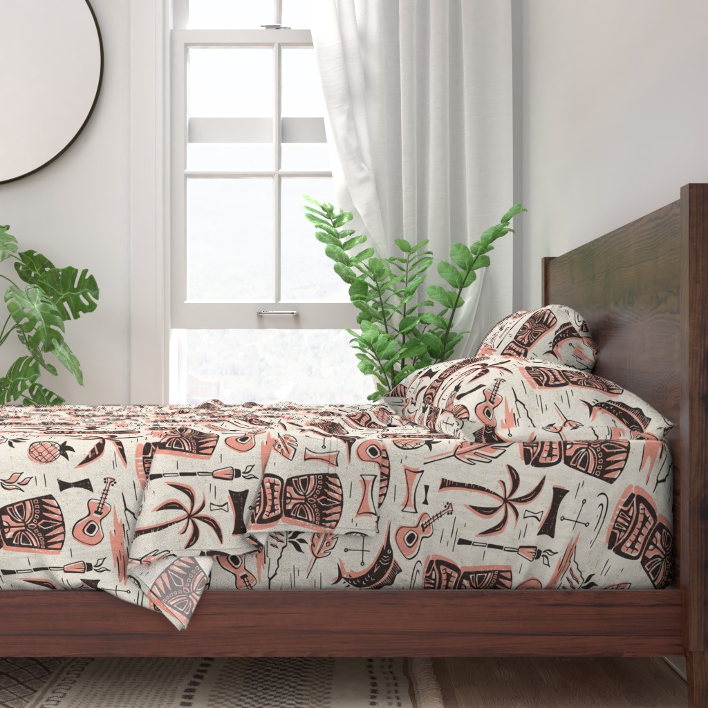 100 Cotton Sheets, California King 4pc Set Tropical Tiki Cream Pink