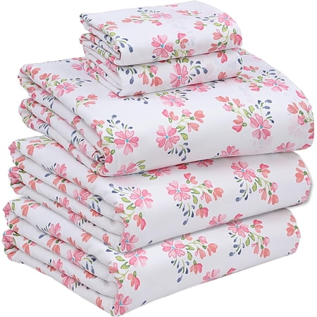 100% Cotton Sheets - Crispy Cooling Percale Sheets for Split King Size Bed, Breathable & Durable Split King Sheet Set, 16 Inches Deep Pocket Bed Sheets, Red & Pink Floral,
