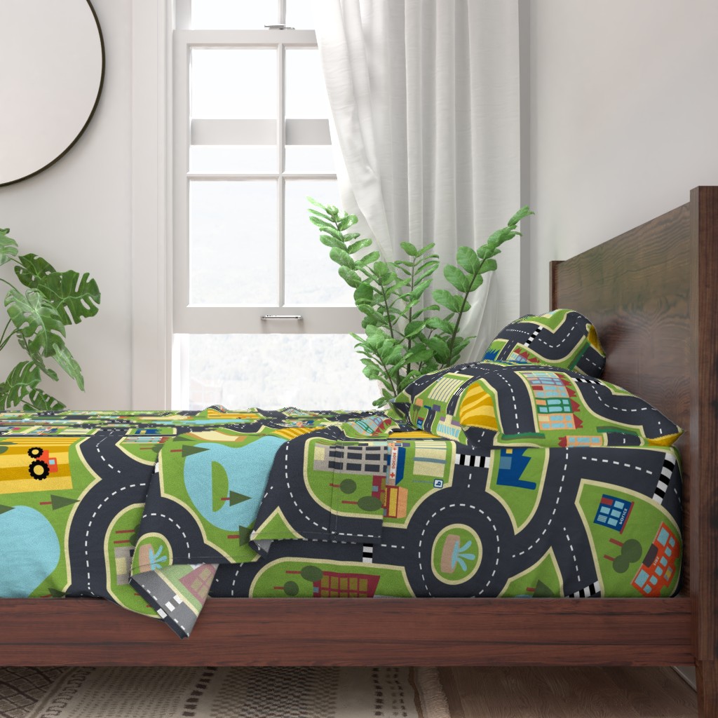 100 Cotton Sheets, Full 4pc Set Town Playmat Print Nursery Map City