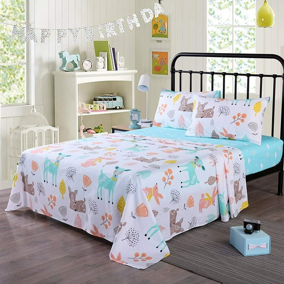 100% Cotton Sheets Kids Twin Sheets for Kids Girls Boys Teens Children Sheets Bed Sheets for Kids Soft Fitted Flat Printed Sheet Pillowcase Bedding Bed Set Animal Deer(Full)