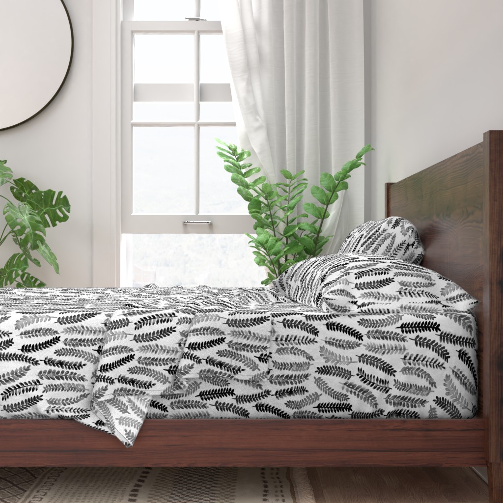 100 Cotton Sheets, King 4pc Set Gray Ferns Botanical Print Fern