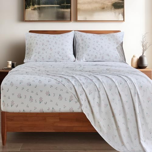 100% Cotton Sheets King - Deep Pocket Sheets Floral Patterned Crispy Percale Bed Sheets Soft Breathable