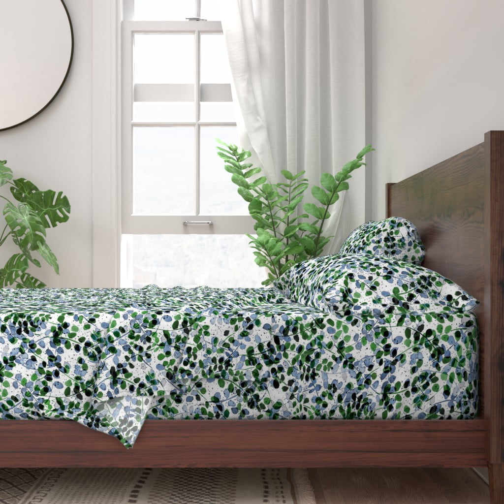 100 Cotton Sheets, Queen 4pc Set Eucalyptus Leaves Blue Green Watercolor Midcentury Modern