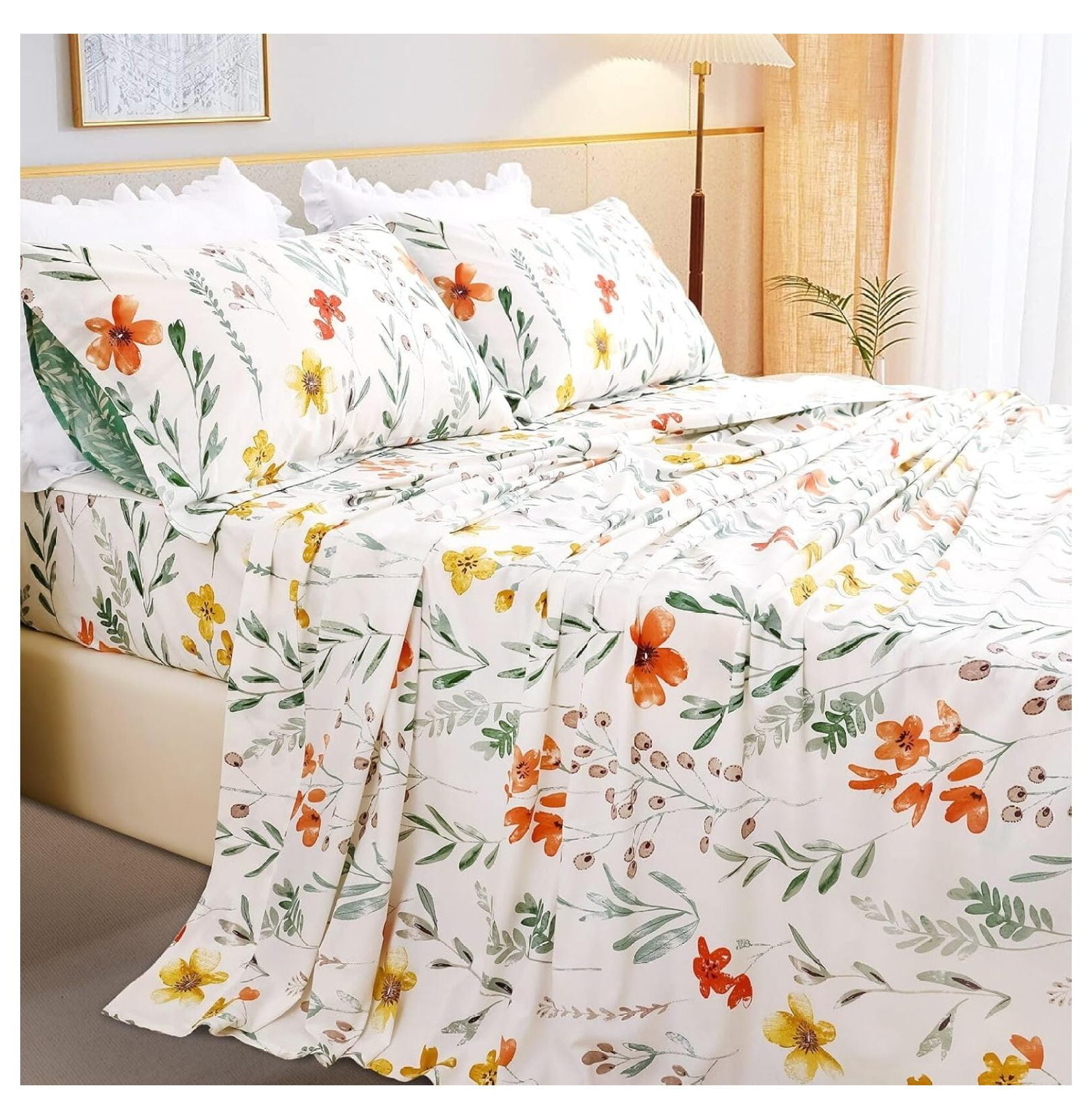 100 Cotton Sheets for Queen Size Bed, Flowers & Green Plant Pattern