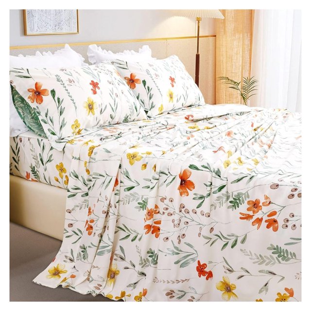 100 Cotton Sheets for Queen Size Bed, Flowers & Green Plant Pattern