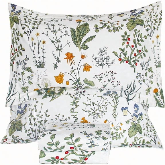 100 Cotton Sheets for Queen Size Bed Yellow Flowers Plant Pattern Botanical Luxury Cotton Printed Floral Bedding Sheets Queen Soft and Breathable 4pcs Deep Pocket Queen Sheet Set