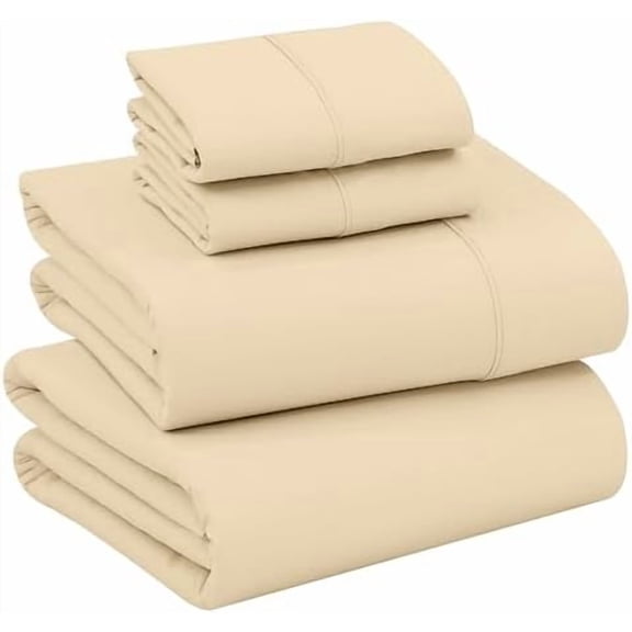 100% Cotton Sheets – Queen Size Percale Bedding, Cooling & Breathable, Durable with a Crisp, Soft & Comfortable Feel, 16" Deep Pocket, 4-Piece Set, Beige