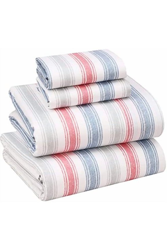 100% Cotton Sheets Queen Size Set, 4 Pieces, Soft & Breathable Percale Weave Bedding, Deep Pocket 16", Hotel Standard, Crisp Cool Feeling, Durable, Perfect Striped Bed Sheet, Times
