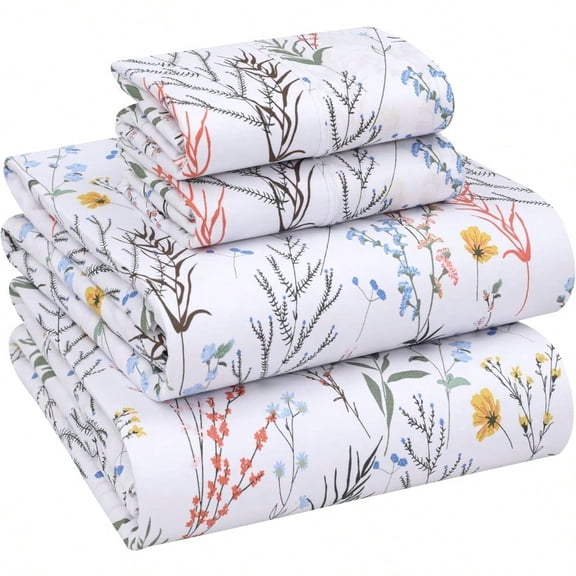 100 Cotton Sheets Queen Size Set 4 Pieces Soft Breathable Percale Weave Bedding Deep Pocket 16 Hotel Standard Crisp Cool Feeling Durable Perfect Floral Bed Sheet Aroma