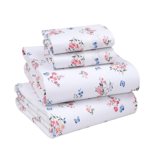 100% Cotton Sheets Queen Size Set, 4 Pieces, Soft & Breathable Weave Bedding, Deep Pocket 16", Hotel Standard, Crisp Cool Feeling, Durable, Perfect Floral Bed Sheet