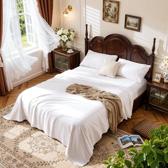 100% Cotton Sheets Set, King Size 4 Piece, Long Staple, Deep Pocket, All Season, Super Soft Breathable, Sateen Weave (White)