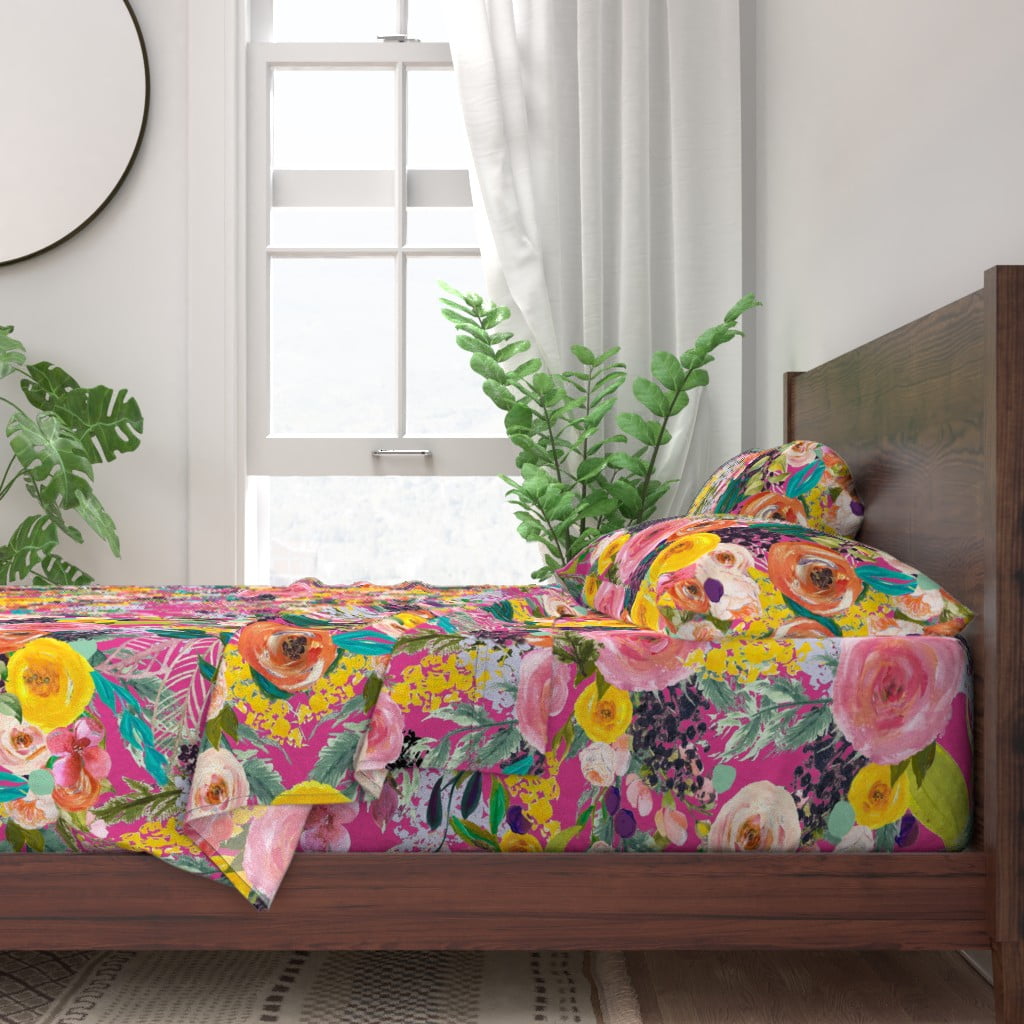 100 Cotton Sheets, Twin 3pc Set Autumn Blooms Hot Pink Extra Large