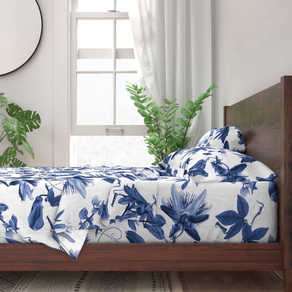 100 Cotton Sheets, Twin 3pc Set Floral Blue White Tropical Hawaiian