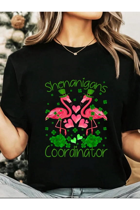 100% Cotton Shenanigans Coordinator Teacher Flamingo St Patrick's Day T-Shirt Print Round Neck Short Sleeve T-Shirt For Women Casual, Summer , Women Top Graphic Tees Women Tops