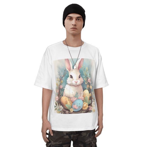 100% Cotton Short Sleeve T-Shirt – Cartoon Print of Easter Bunny and Colorful Eggs, Festive and Playful Design