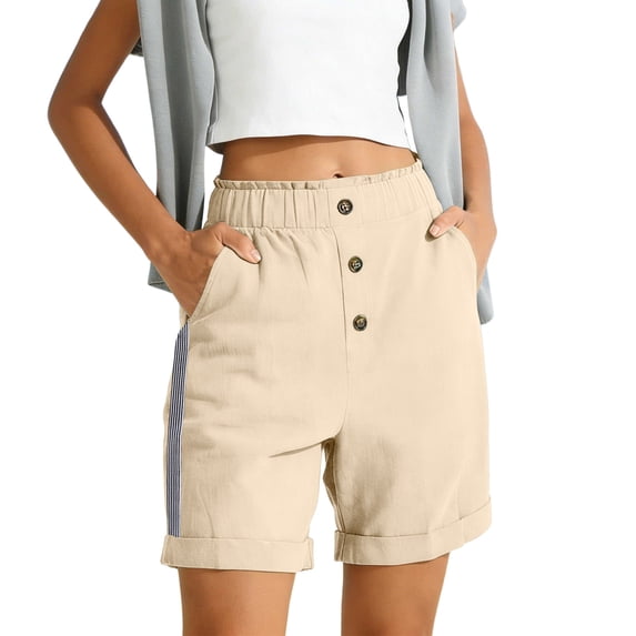 100% Cotton Shorts for Women Button Wide Elastic Waist Pockets Pleats Baggy Multicolored Plus Size Gym Shorts for Basketball Running Biker S-2XL