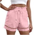 thumbnail image 1 of 100% Cotton Shorts for Women Hollowed Out Pleated Elastic High Waist Drawstring Casual Solid Color Gym Shorts for Summer Pink S-2XL, 1 of 8