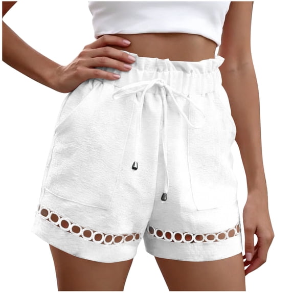 100% Cotton Shorts for Women Hollowed Out Pleated Elastic High Waist Drawstring Casual Solid Color Gym Shorts for Summer White S-2XL