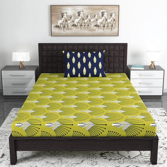 100% Cotton Single Bedsheet With 1 Matching Pillow Covers - 57 X 87 Inches, Navy & Green | All Weather Comfort & Bedroom - Softness & Natural Breathability