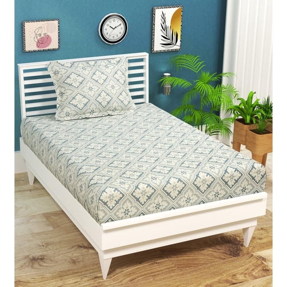 100% Cotton Single Bedsheets With 1 Pillow Covers - 60 X 90 Inches, White & Grey | Printed Single Sheet Super Soft Breathable & Wrinkle Free