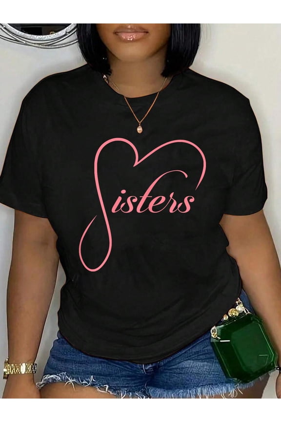 100% Cotton Sisters Heart Design Siblings Love Family Sis T-Shirt Women's Graphic Tee Casual Tops