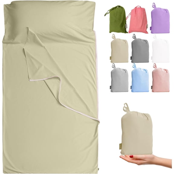 100% Cotton Sleeping Bag Liner with Smooth Tear-Away Zipper Camel, Single Luxury Size (41 x 87 Inch), All-Season Travel Sheet for Camping, Hotels, and Guest Beds