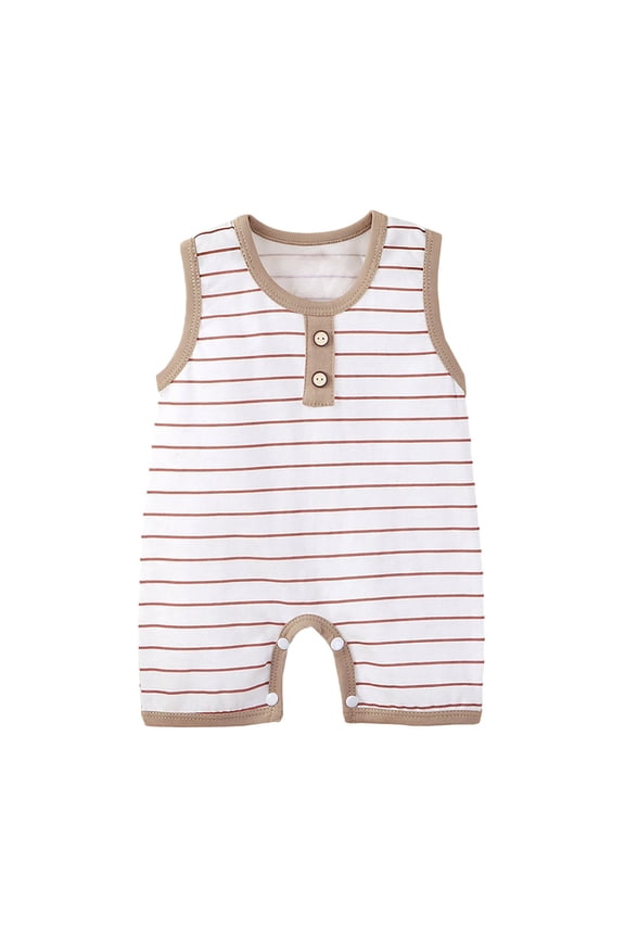 100% Cotton Sleeveless Kids Romper Coffee Striped Unisex Snap Buttons Newborn Kids Summer Outfit 0-18 Months,Size 12-18 Months