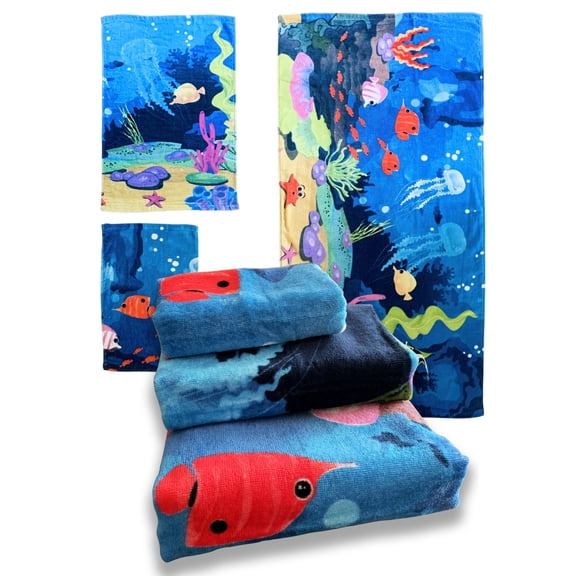 100% Cotton Soft 3-Piece Pattern Quick Dry Swim Towel Beach Towel Set, Tropical Fish