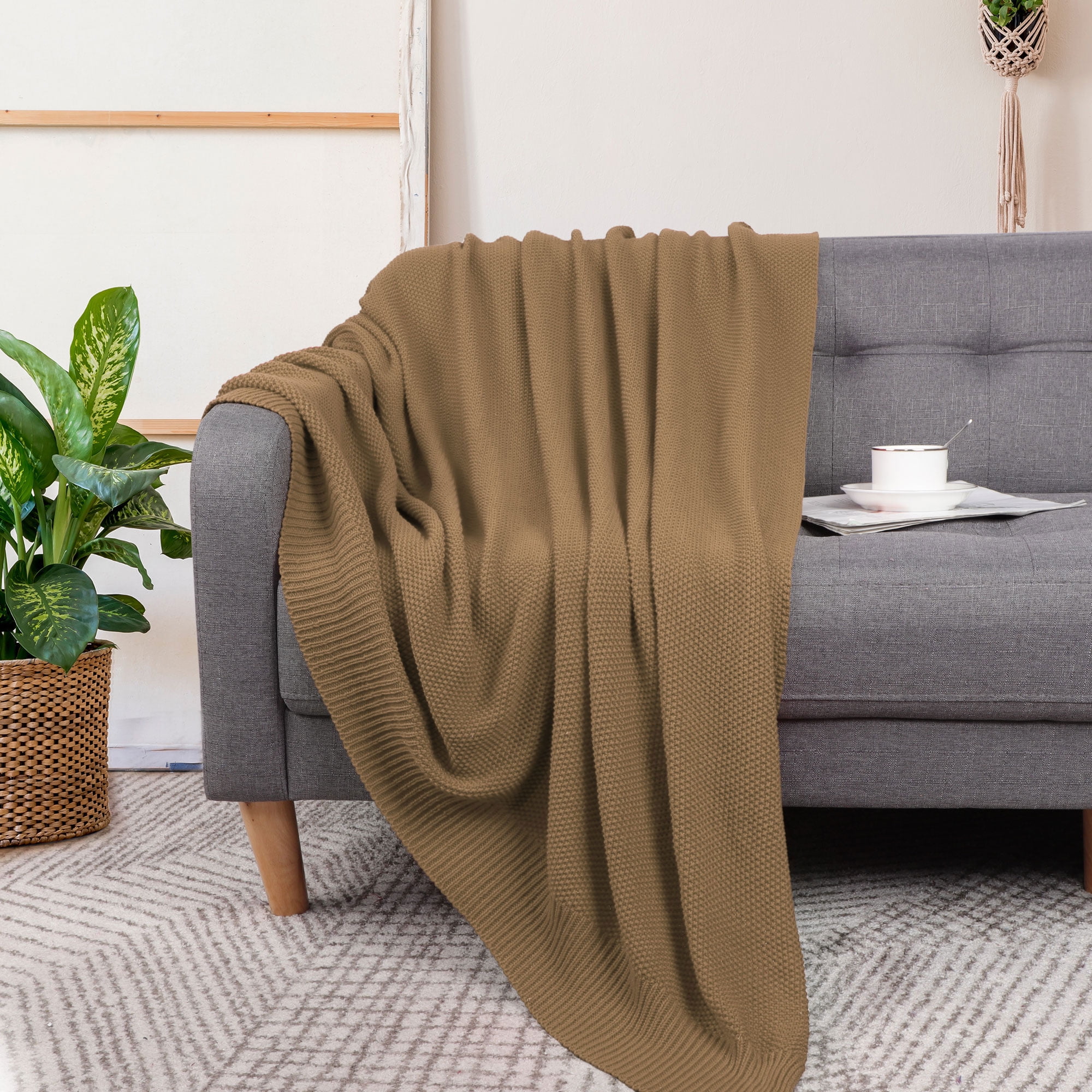 100% Cotton Soft Knit Throw Blanket for Sofa Home Decor 50x60,Coffee Color  Bedding for Home 
